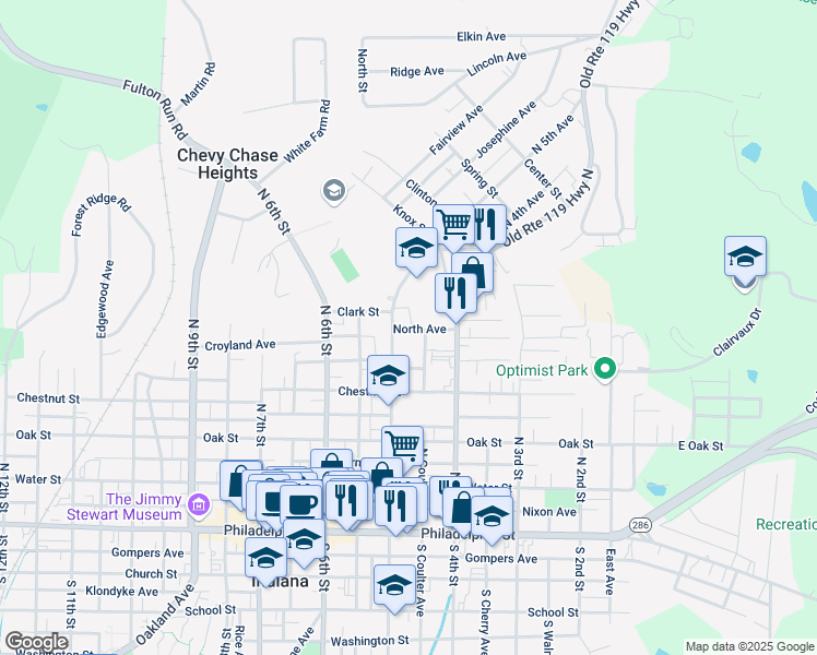 map of restaurants, bars, coffee shops, grocery stores, and more near 475 North Avenue in Indiana