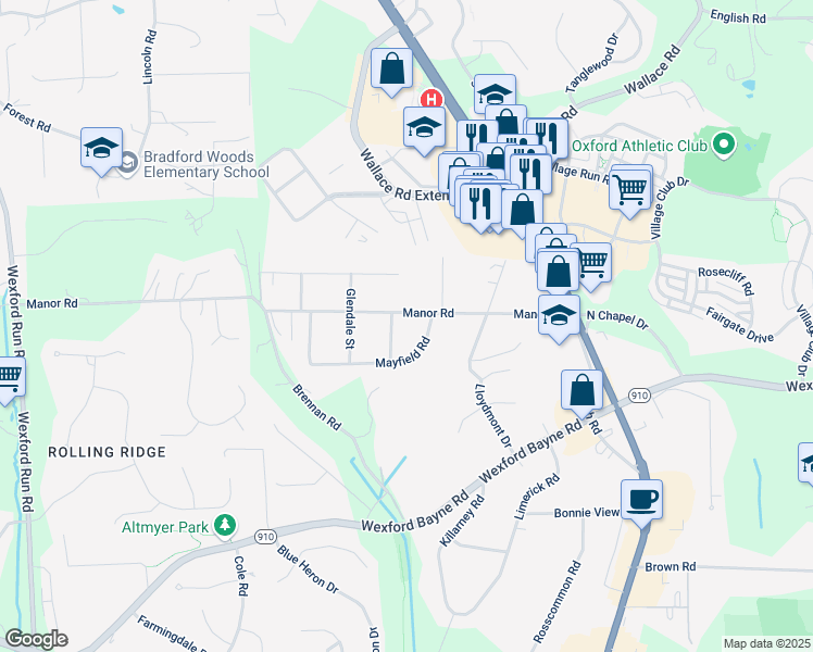 map of restaurants, bars, coffee shops, grocery stores, and more near 280 Manor Road in Wexford