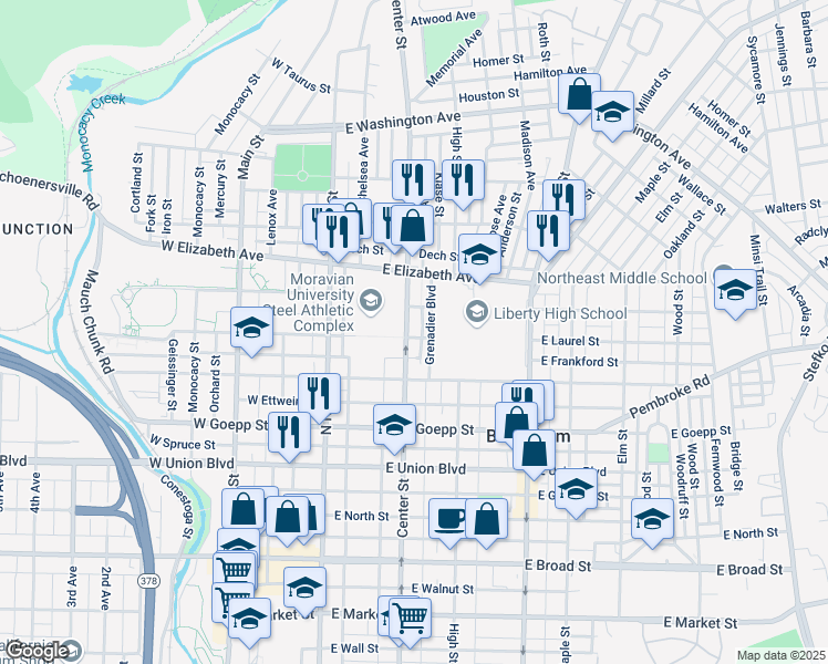 map of restaurants, bars, coffee shops, grocery stores, and more near 1104 Center Street in Bethlehem