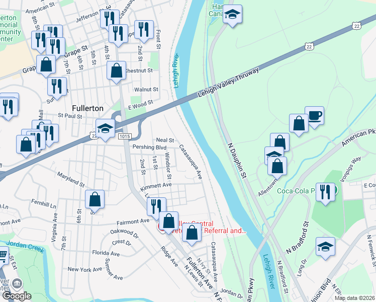 map of restaurants, bars, coffee shops, grocery stores, and more near 549 Catasauqua Avenue in Fullerton
