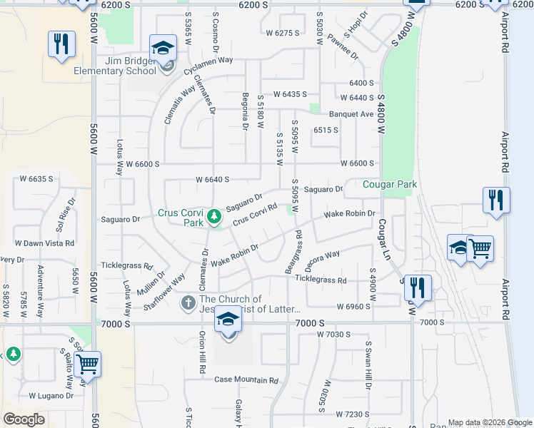 map of restaurants, bars, coffee shops, grocery stores, and more near 5163 Crus Corvi Road in West Jordan