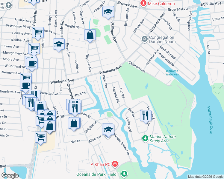 map of restaurants, bars, coffee shops, grocery stores, and more near 3398 Fairway Road in Oceanside