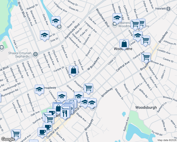 map of restaurants, bars, coffee shops, grocery stores, and more near 240 Pearsall Place in Woodmere