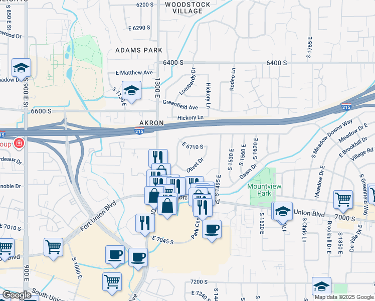 map of restaurants, bars, coffee shops, grocery stores, and more near 6718 South 1405 East in Cottonwood Heights