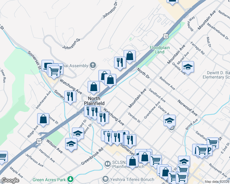 map of restaurants, bars, coffee shops, grocery stores, and more near 65 Codington Avenue in North Plainfield