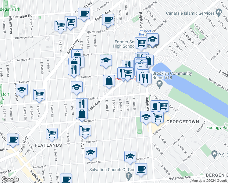 map of restaurants, bars, coffee shops, grocery stores, and more near 1145 E 55th St in Brooklyn