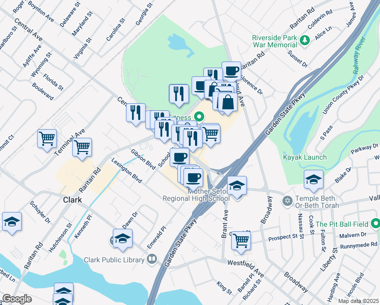map of restaurants, bars, coffee shops, grocery stores, and more near 118 Central Ave in Clark