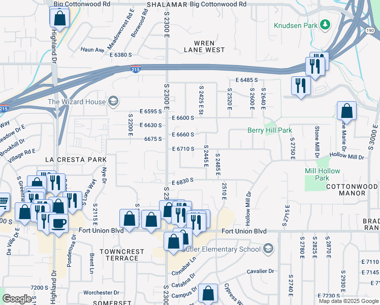 map of restaurants, bars, coffee shops, grocery stores, and more near 6722 Lazy Bar Circle in Cottonwood Heights