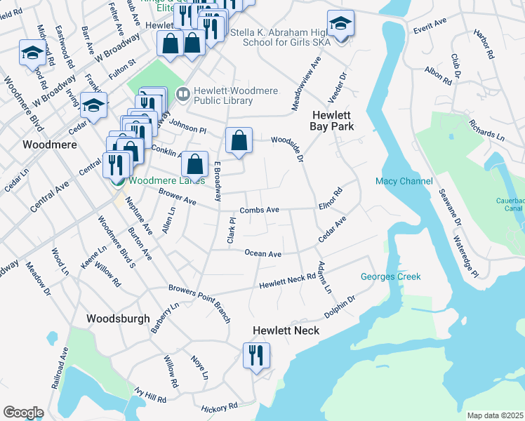 map of restaurants, bars, coffee shops, grocery stores, and more near Combs Avenue in Woodmere