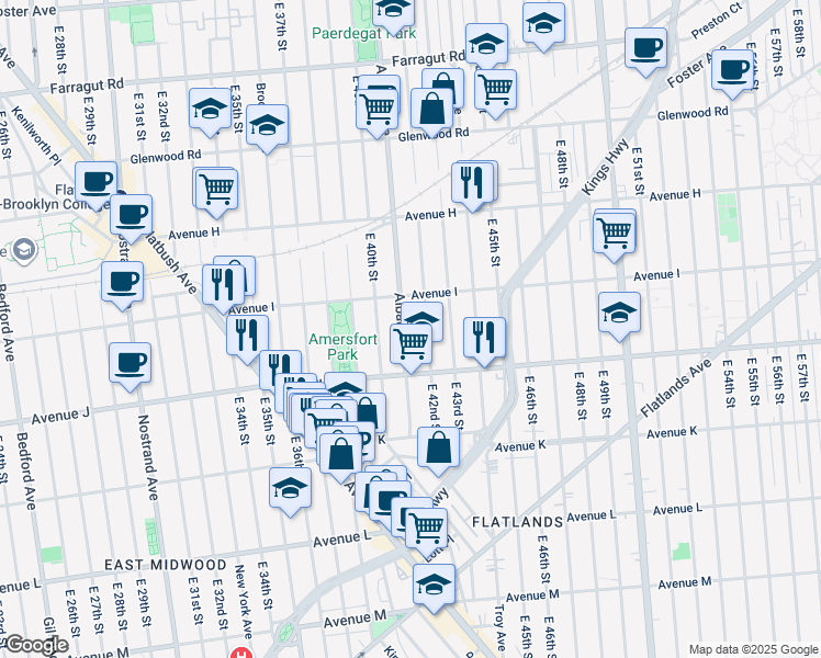 map of restaurants, bars, coffee shops, grocery stores, and more near 1807 Albany Ave in Brooklyn