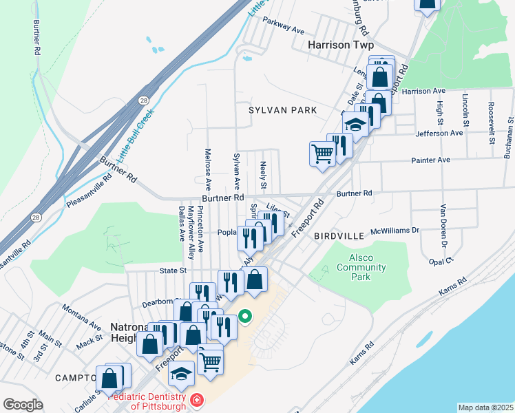 map of restaurants, bars, coffee shops, grocery stores, and more near 1418 Springhill Road in Natrona Heights