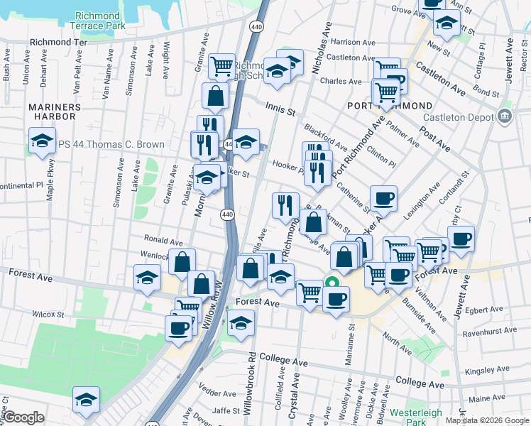 map of restaurants, bars, coffee shops, grocery stores, and more near 470 Villa Avenue in Staten Island