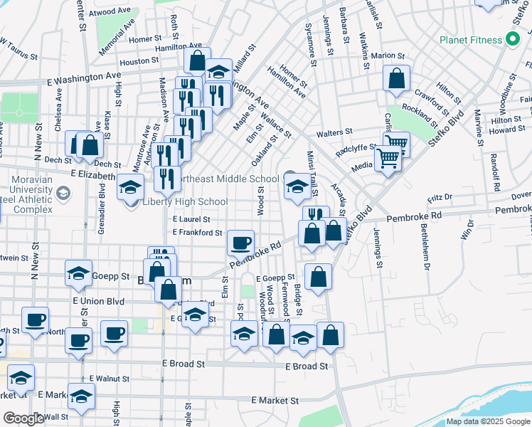 map of restaurants, bars, coffee shops, grocery stores, and more near 1110 Wood Street in Bethlehem