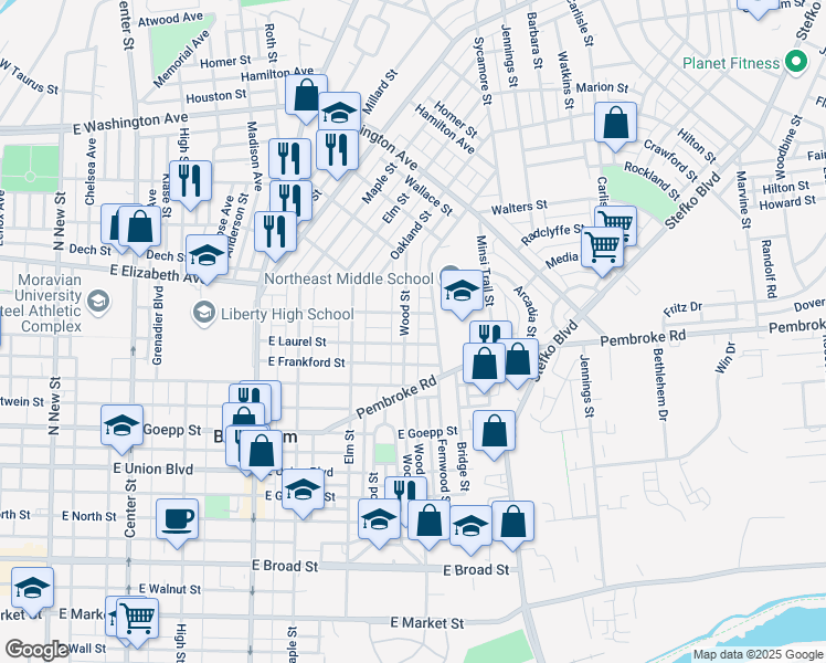 map of restaurants, bars, coffee shops, grocery stores, and more near 1110 Wood St in Bethlehem