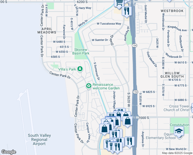 map of restaurants, bars, coffee shops, grocery stores, and more near 6732 South Somerset Drive in West Jordan