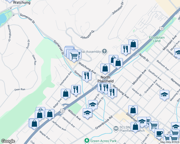 map of restaurants, bars, coffee shops, grocery stores, and more near 393 Watchung Avenue in North Plainfield