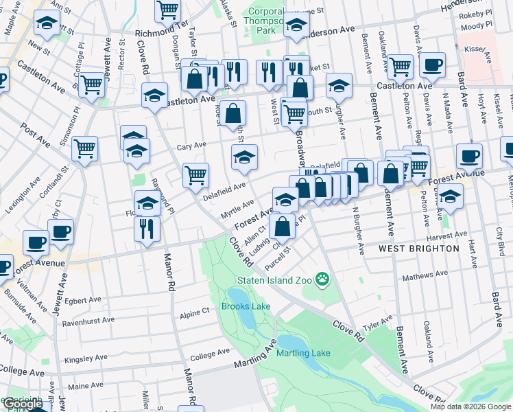 map of restaurants, bars, coffee shops, grocery stores, and more near 198 Elizabeth Street in Staten Island