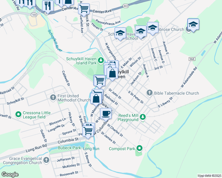 map of restaurants, bars, coffee shops, grocery stores, and more near 15 Saint John Street in Schuylkill Haven