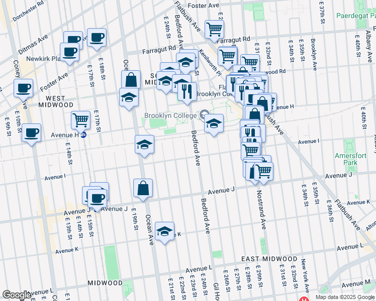map of restaurants, bars, coffee shops, grocery stores, and more near 881 East 24th Street in Brooklyn