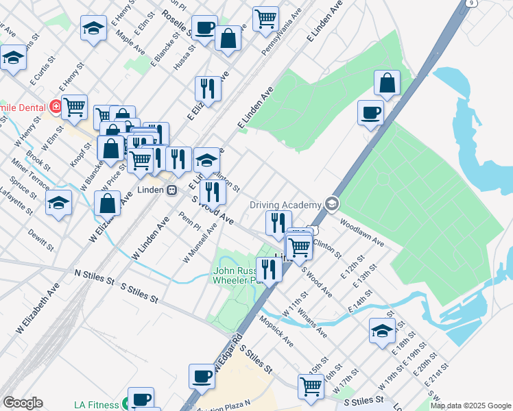 map of restaurants, bars, coffee shops, grocery stores, and more near 406 Clinton St in Linden