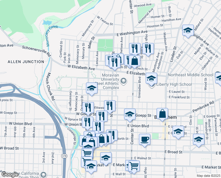 map of restaurants, bars, coffee shops, grocery stores, and more near 1101 North New Street in Bethlehem