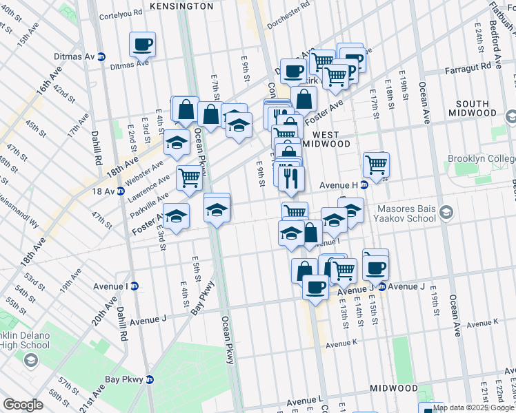 map of restaurants, bars, coffee shops, grocery stores, and more near 800 Avenue H in Brooklyn