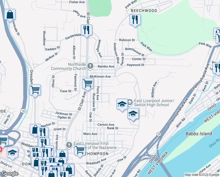 map of restaurants, bars, coffee shops, grocery stores, and more near 930 North Street in East Liverpool