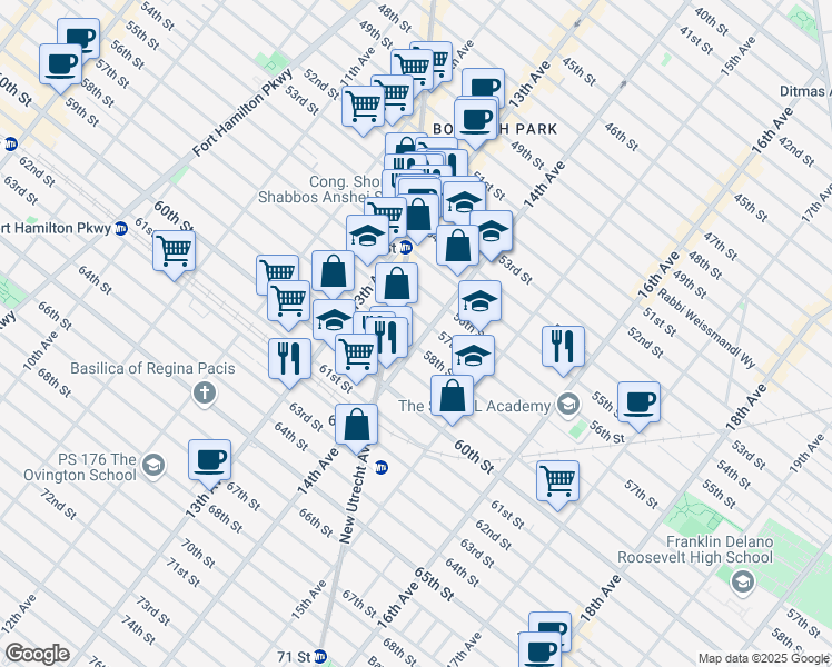 map of restaurants, bars, coffee shops, grocery stores, and more near 5712 14th Avenue in Brooklyn