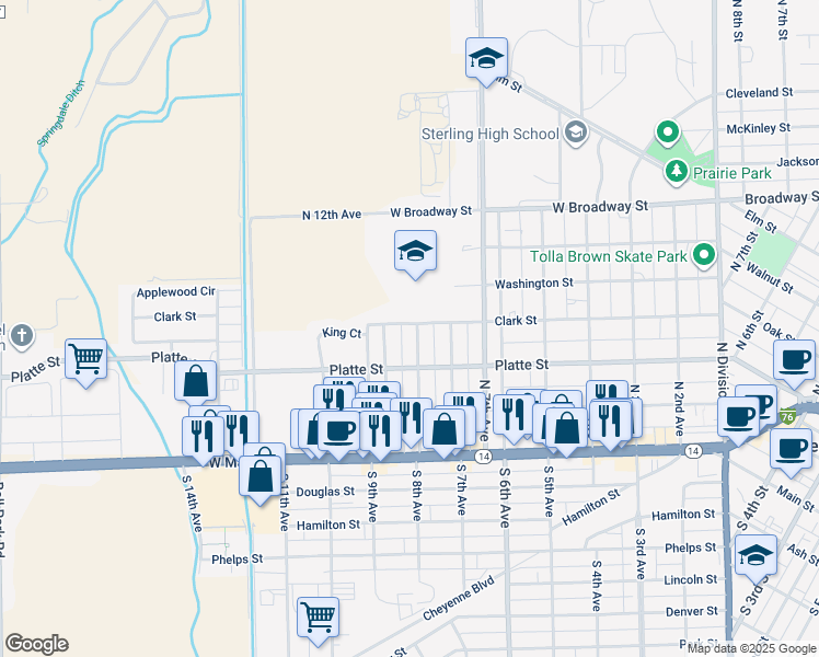 map of restaurants, bars, coffee shops, grocery stores, and more near 907 Clark Street in Sterling
