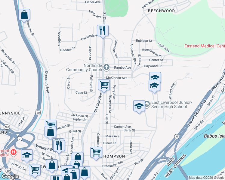 map of restaurants, bars, coffee shops, grocery stores, and more near 1216 Riverview Street in East Liverpool