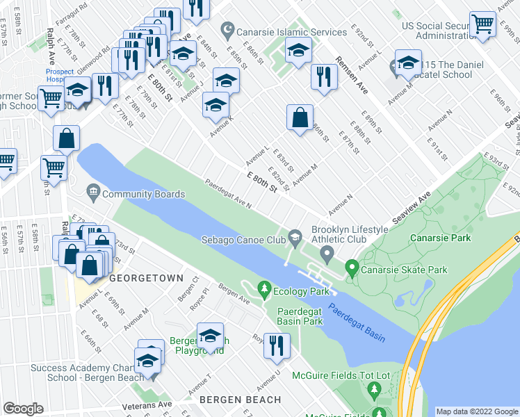 map of restaurants, bars, coffee shops, grocery stores, and more near 2 Paerdegat 9th Street in Brooklyn