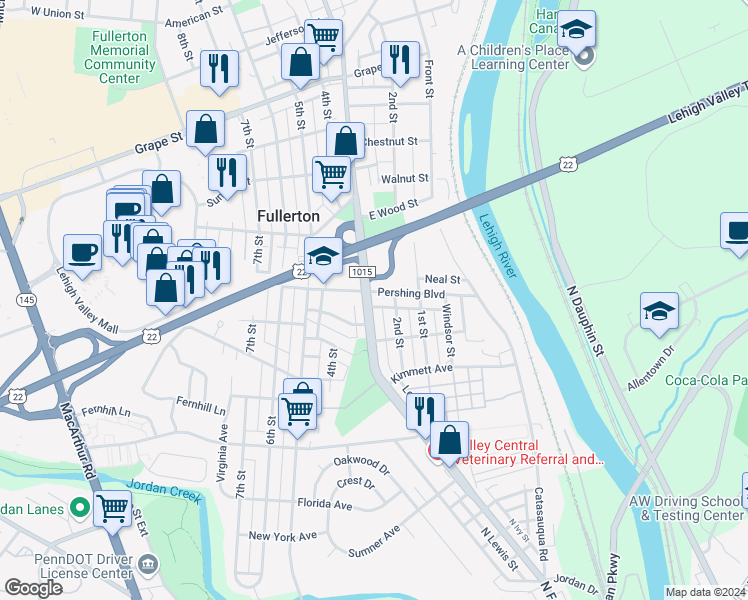 map of restaurants, bars, coffee shops, grocery stores, and more near 222 Pershing Boulevard in Fullerton