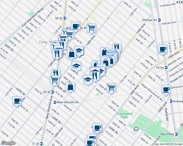 map of restaurants, bars, coffee shops, grocery stores, and more near 1515 55th Street in Brooklyn