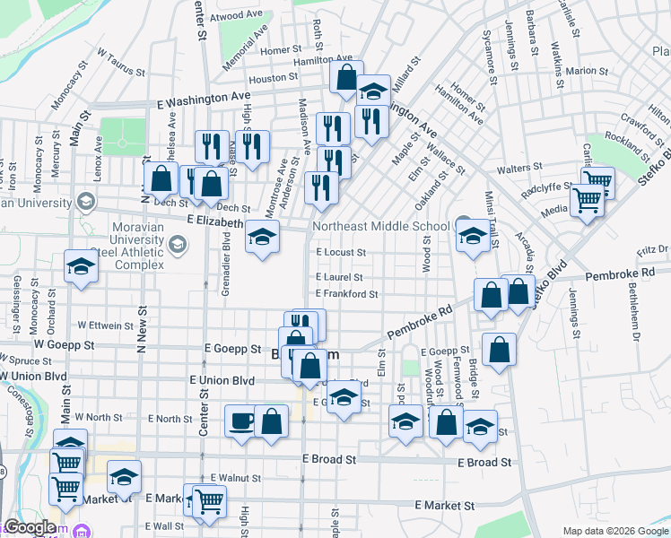 map of restaurants, bars, coffee shops, grocery stores, and more near 1107 Maple Street in Bethlehem
