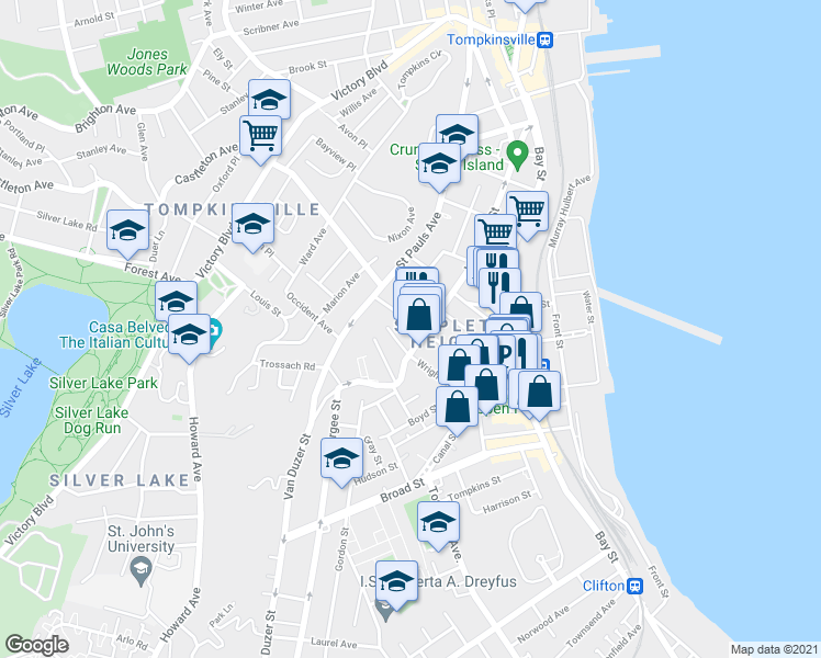 map of restaurants, bars, coffee shops, grocery stores, and more near 132 Beach Street in Staten Island