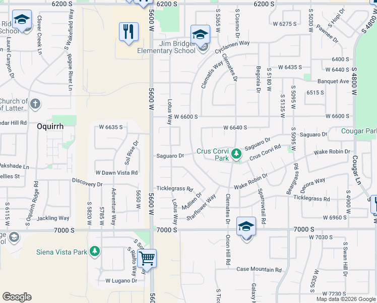 map of restaurants, bars, coffee shops, grocery stores, and more near 6718 Cyclamen Drive in West Jordan