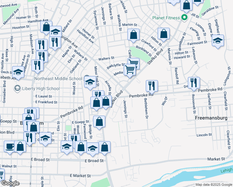 map of restaurants, bars, coffee shops, grocery stores, and more near 1111 Stefko Boulevard in Bethlehem
