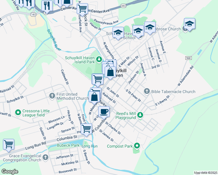 map of restaurants, bars, coffee shops, grocery stores, and more near 15 Saint John Street in Schuylkill Haven