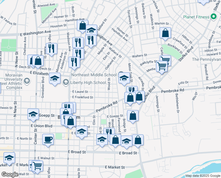 map of restaurants, bars, coffee shops, grocery stores, and more near 1110 Wood Street in Bethlehem