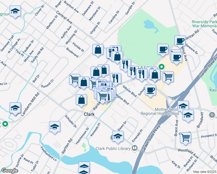 map of restaurants, bars, coffee shops, grocery stores, and more near 1108 Raritan Road in Clark