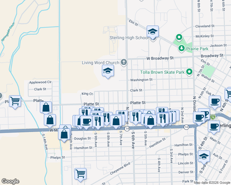 map of restaurants, bars, coffee shops, grocery stores, and more near 331 North 8th Avenue in Sterling