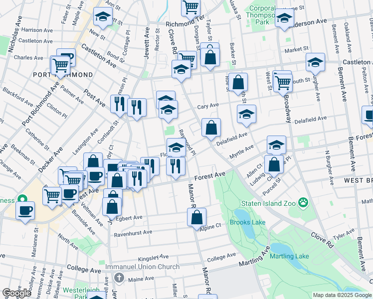 map of restaurants, bars, coffee shops, grocery stores, and more near 27 Floyd Street in Staten Island