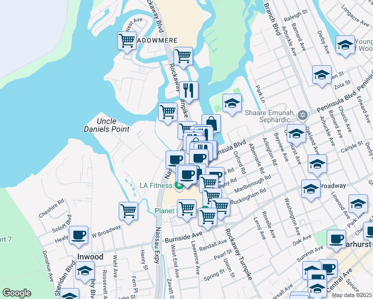 map of restaurants, bars, coffee shops, grocery stores, and more near Nassau Expy in Inwood