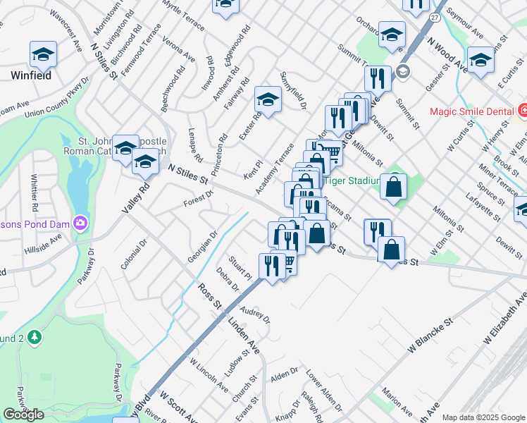 map of restaurants, bars, coffee shops, grocery stores, and more near 1165 N Stiles St in Linden
