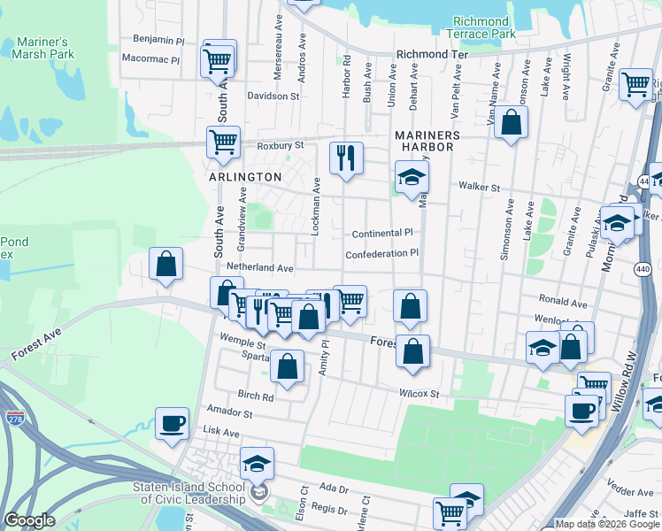 map of restaurants, bars, coffee shops, grocery stores, and more near 375 Netherland Avenue in Staten Island