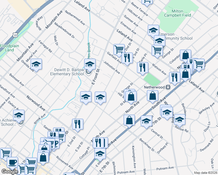 map of restaurants, bars, coffee shops, grocery stores, and more near 768 East 2nd Street in Plainfield