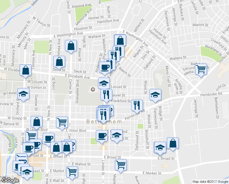 map of restaurants, bars, coffee shops, grocery stores, and more near 1109 Maple Street in Bethlehem