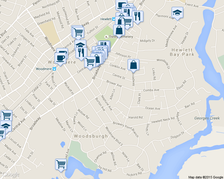 map of restaurants, bars, coffee shops, grocery stores, and more near 980 Allen Street in Woodmere