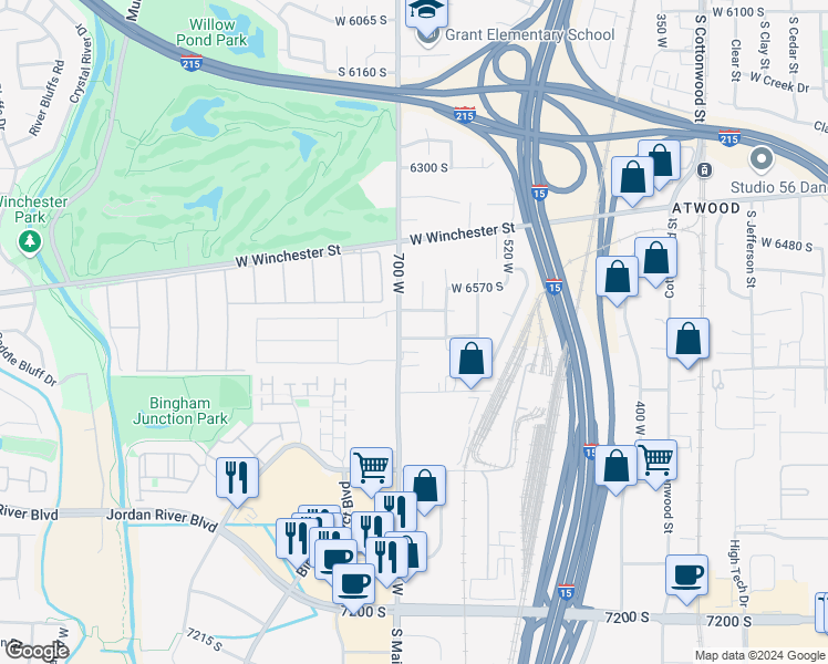 map of restaurants, bars, coffee shops, grocery stores, and more near 686 West 6645 South in Murray