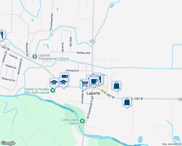 map of restaurants, bars, coffee shops, grocery stores, and more near 2903 North Overland Trail in Laporte